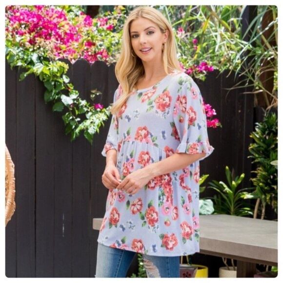 Blue and Pink Floral Tunic Ruffled Sleeves Oversized Top - Picture 2 of 5